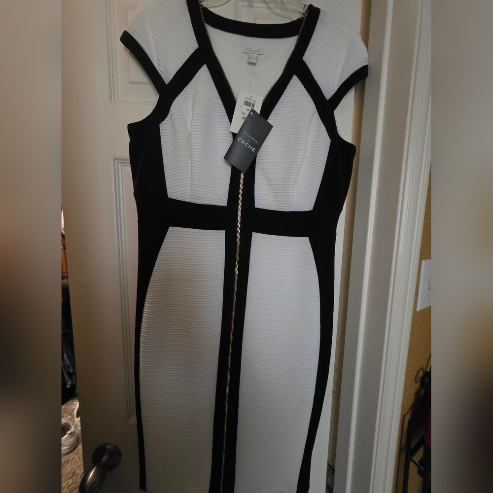 Cache Black and White Sheath Midi Dress V-neck